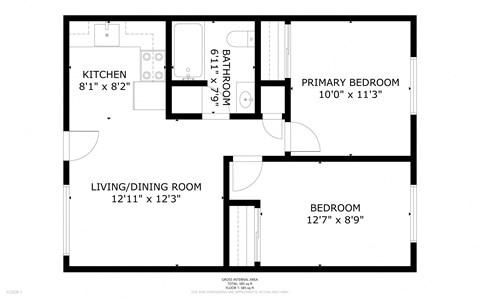 Floor plan for 2 beds, 1 bath, 675 sqft